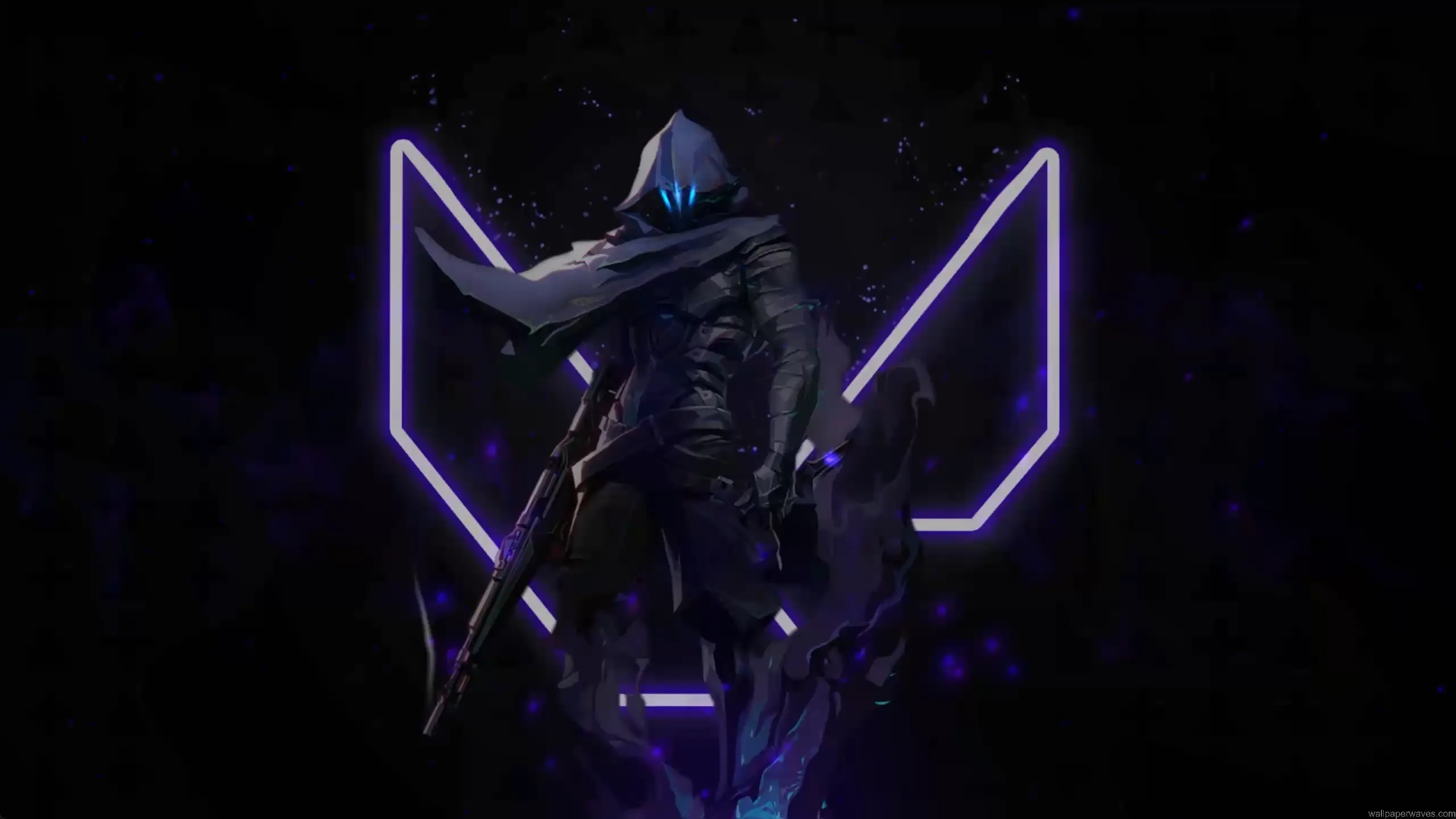 Omen from Valorant standing in dark shadows with glowing blue eyes and purple neon symbol gaming wallpaper