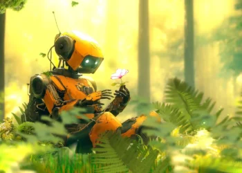 Peaceful Robot in Nature Live Wallpaper 1 Cute orange robot sitting in a glowing forest holding a pink flower surrounded by green plants sci-fi wallpaper