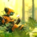 Cute orange robot sitting in a glowing forest holding a pink flower surrounded by green plants sci-fi wallpaper