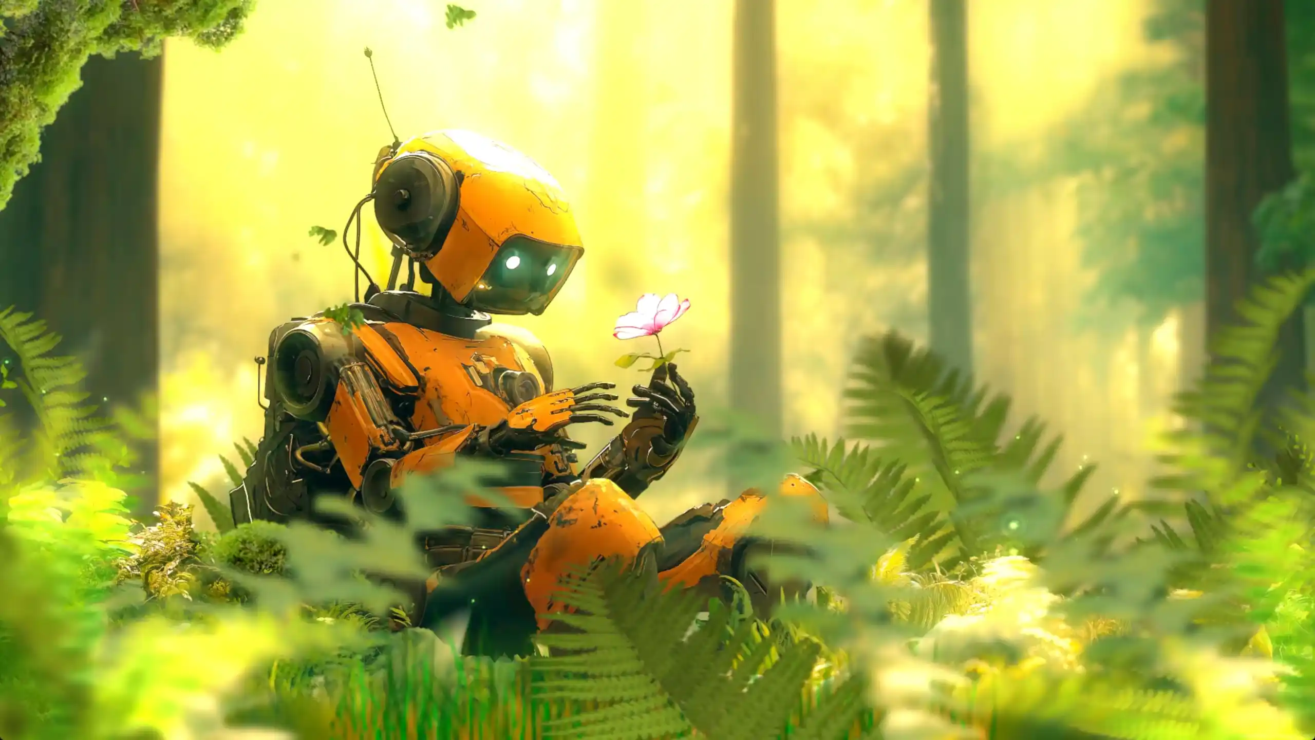Cute orange robot sitting in a glowing forest holding a pink flower surrounded by green plants sci-fi wallpaper