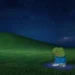 Pepe the Frog meditating peacefully in a grassy field under a starry night sky aesthetic wallpaper