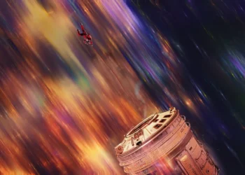 Astronaut floating through colorful interstellar space near futuristic spacecraft in Project Hail Mary inspired sci fi wallpaper