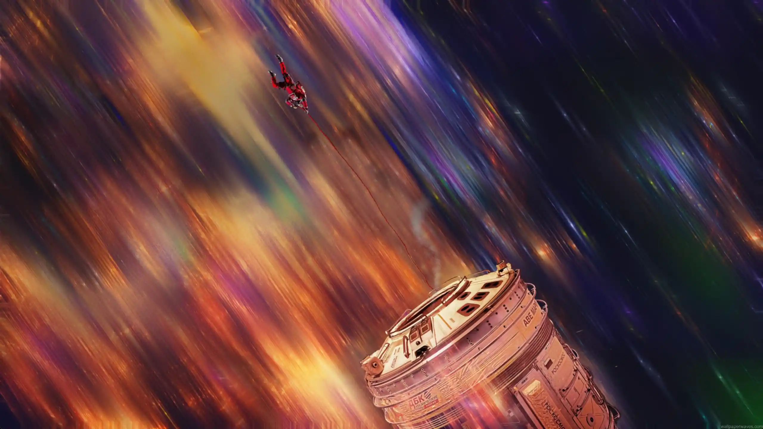 Astronaut floating through colorful interstellar space near futuristic spacecraft in Project Hail Mary inspired sci fi wallpaper
