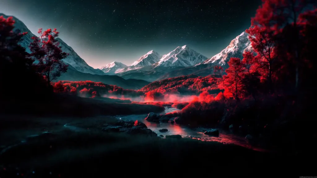 Red Forest Snow Peaks Live Wallpaper