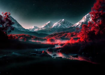 Fantasy red forest landscape with snowy mountain peaks, glowing river, and starry night sky wallpaper