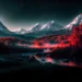 Fantasy red forest landscape with snowy mountain peaks, glowing river, and starry night sky wallpaper