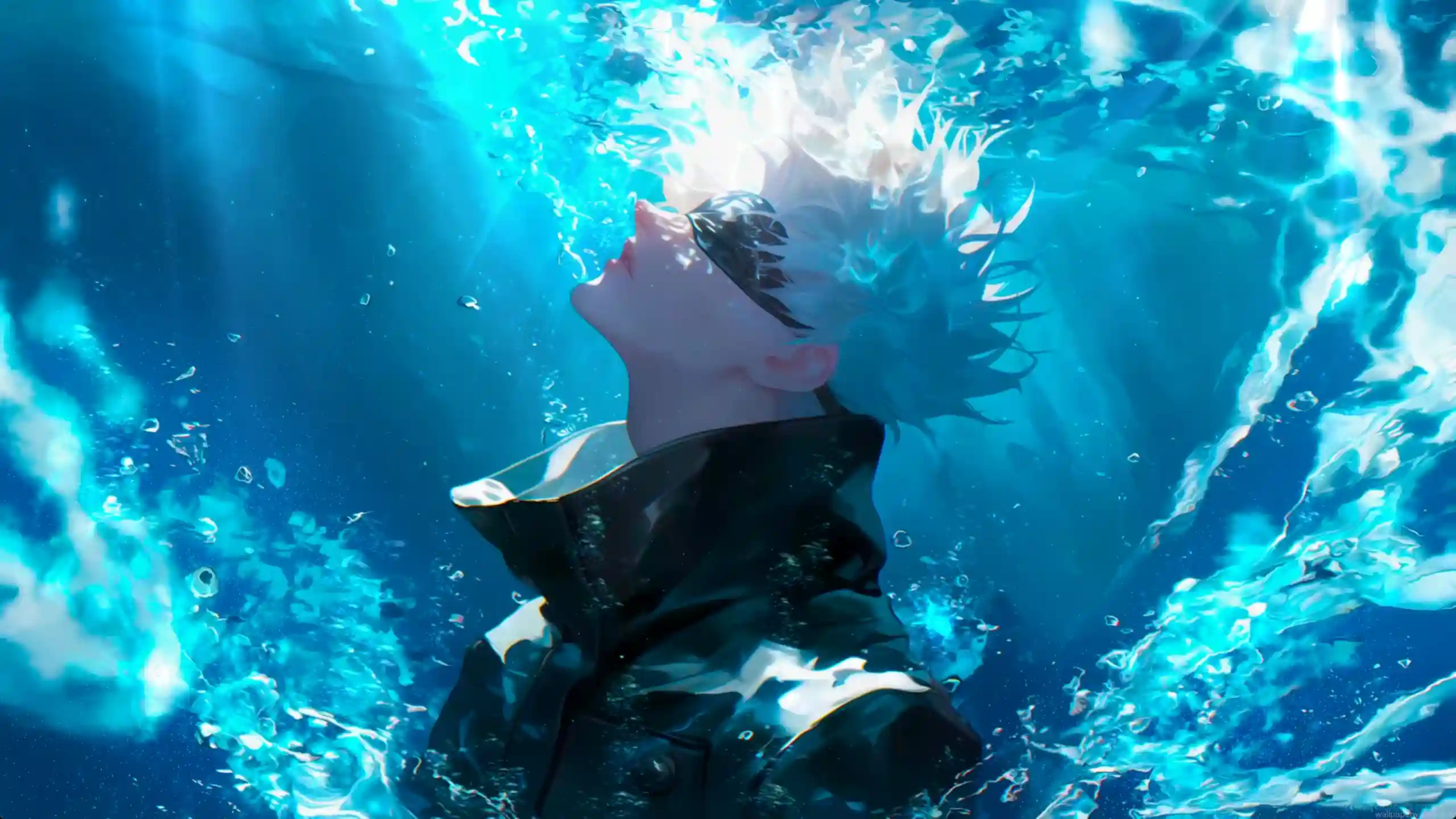 Satoru Gojo underwater surrounded by glowing blue water and light rays from Jujutsu Kaisen anime wallpaper
