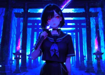 Saya Kisaragi Blood-C Live Wallpaper 3 Saya Kisaragi from Blood-C holding a glowing katana beneath neon blue torii gates with red glowing eyes anime wallpaper