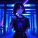 Saya Kisaragi from Blood-C holding a glowing katana beneath neon blue torii gates with red glowing eyes anime wallpaper