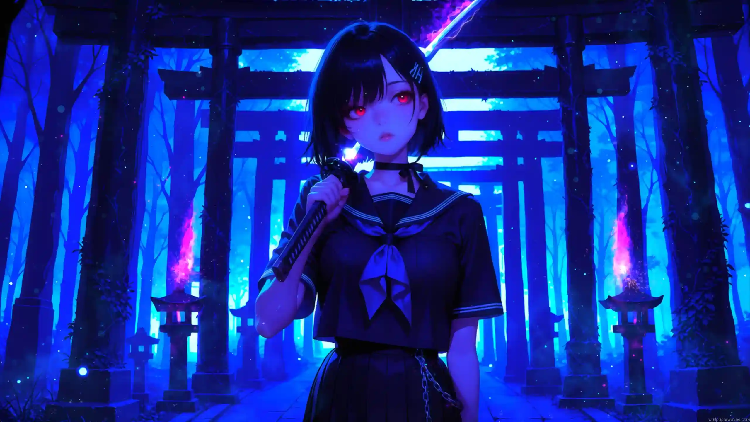 Saya Kisaragi from Blood-C holding a glowing katana beneath neon blue torii gates with red glowing eyes anime wallpaper