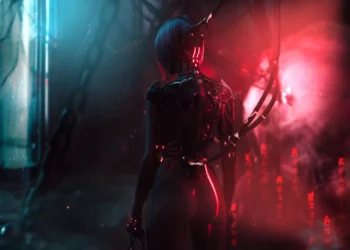 Songbird from Cyberpunk 2077 standing in a dark neon cybernetic corridor with glowing red lights and futuristic mechanical enhancements wallpaper