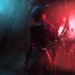 Songbird from Cyberpunk 2077 standing in a dark neon cybernetic corridor with glowing red lights and futuristic mechanical enhancements wallpaper
