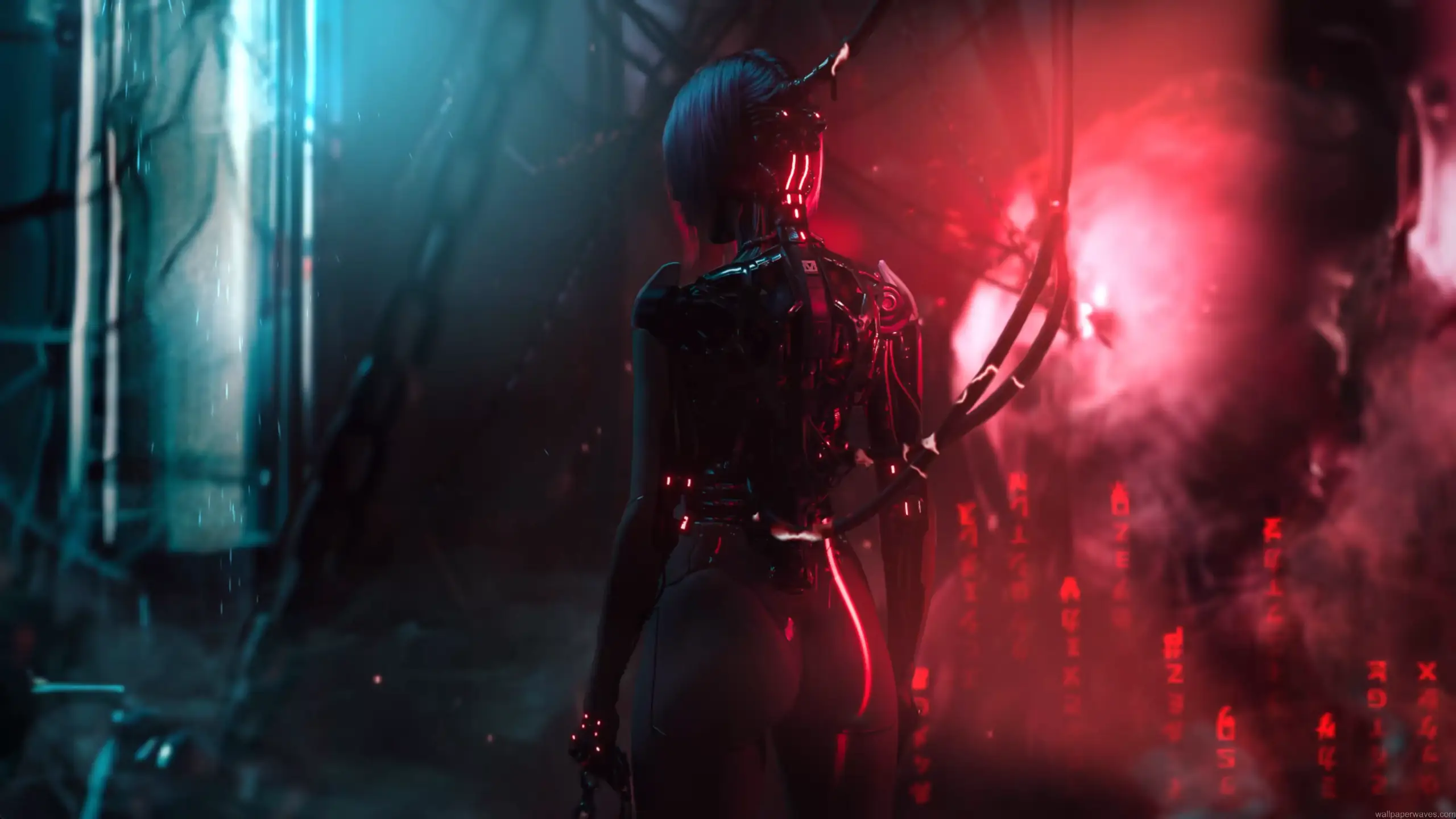 Songbird from Cyberpunk 2077 standing in a dark neon cybernetic corridor with glowing red lights and futuristic mechanical enhancements wallpaper
