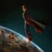 Homelander from The Boys floating above Earth in space with explosions and cosmic background wallpaper