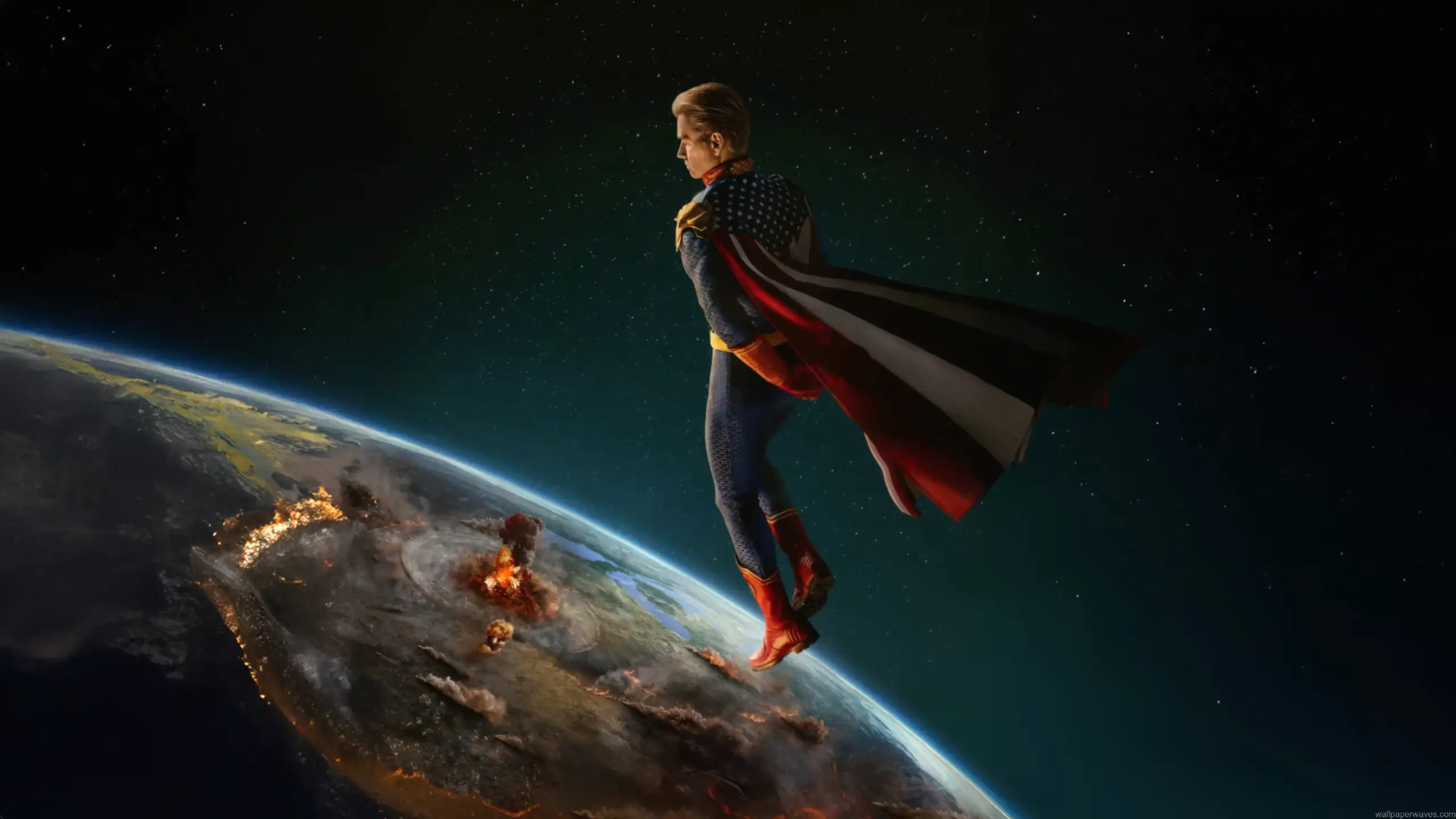 Homelander from The Boys floating above Earth in space with explosions and cosmic background wallpaper