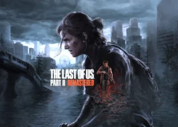 Ellie from The Last of Us Part II Remastered standing in a flooded ruined city beneath dark storm clouds wallpaper