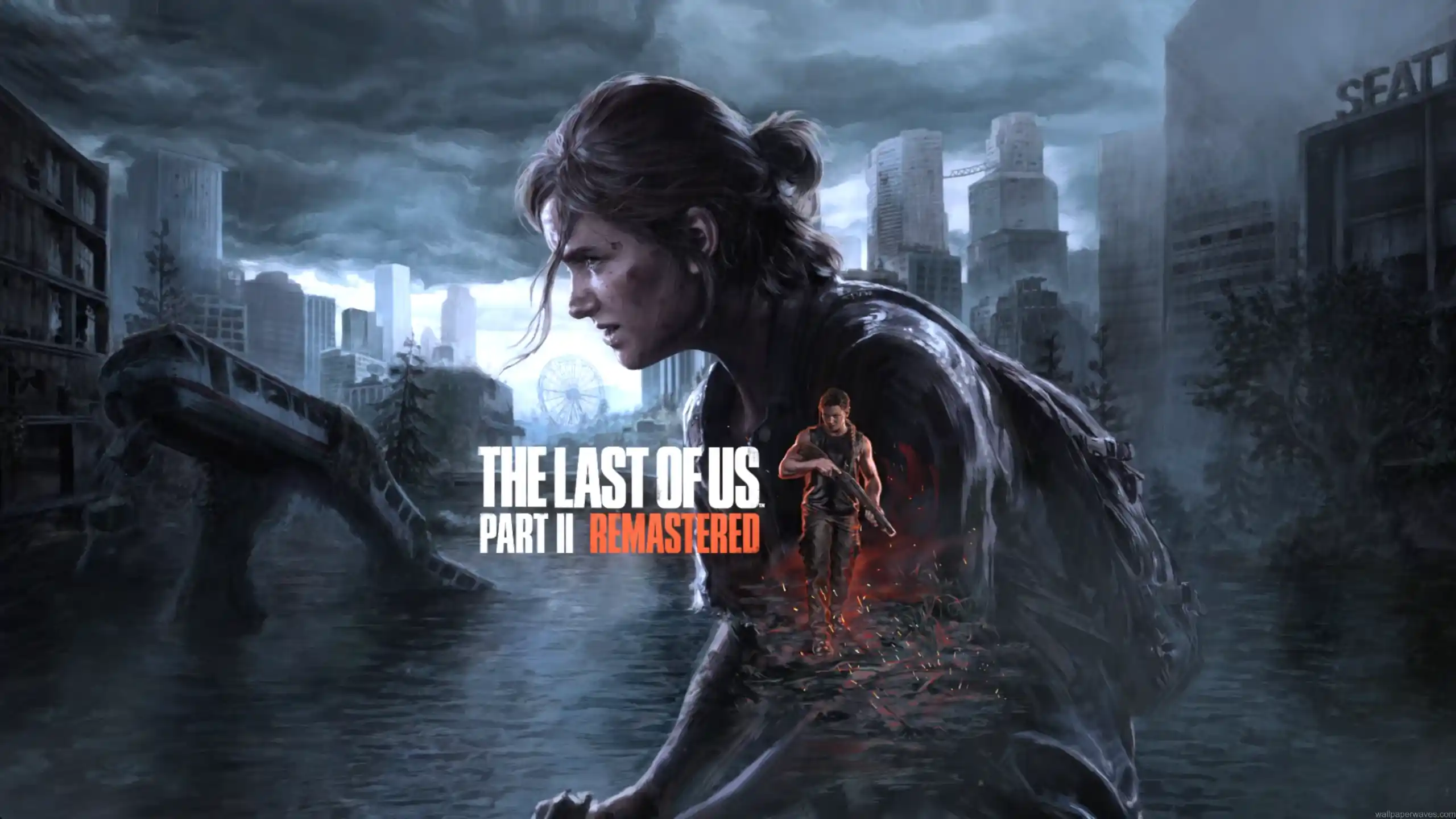 Ellie from The Last of Us Part II Remastered standing in a flooded ruined city beneath dark storm clouds wallpaper