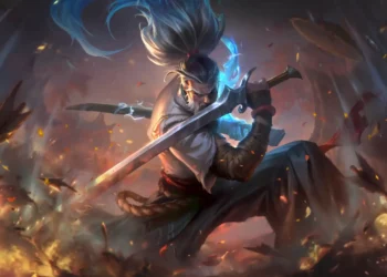 Yasuo from League of Legends wielding a glowing katana surrounded by fire embers and blue wind energy fantasy wallpaper