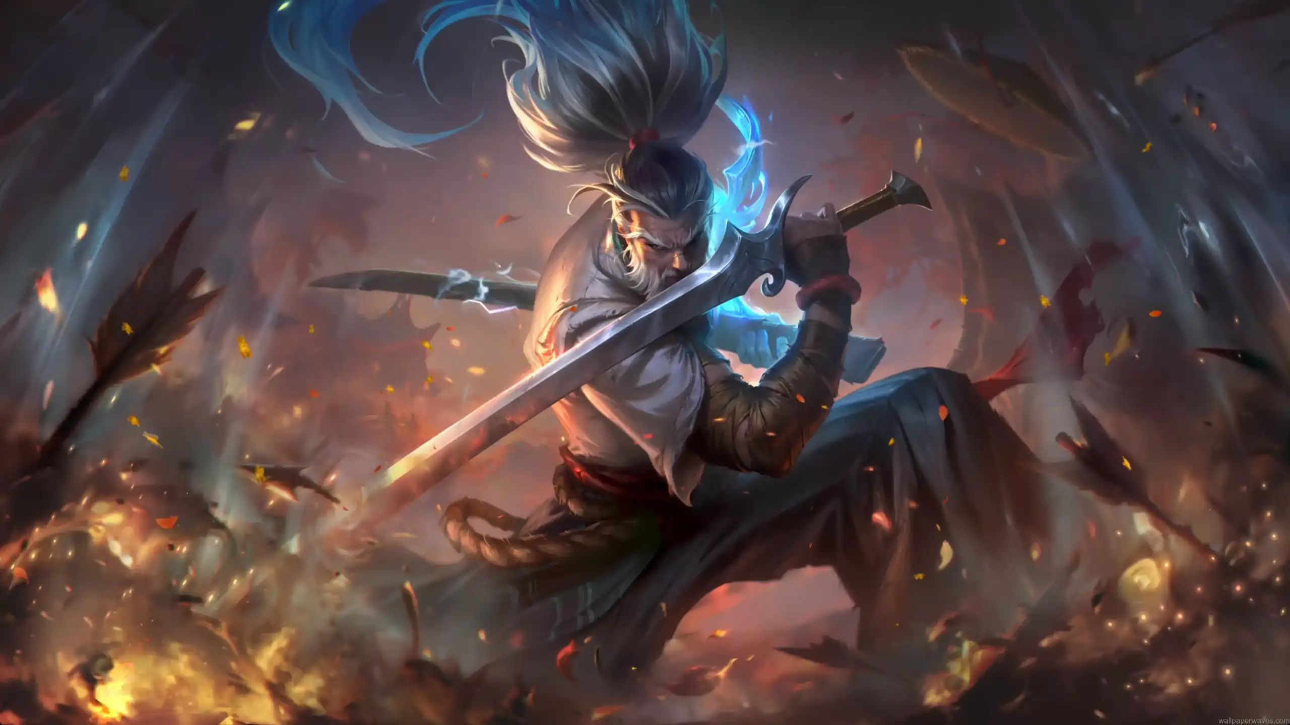 Yasuo from League of Legends wielding a glowing katana surrounded by fire embers and blue wind energy fantasy wallpaper
