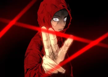 Yuji Itadori from Jujutsu Kaisen with intense stare and glowing red energy beams anime wallpaper