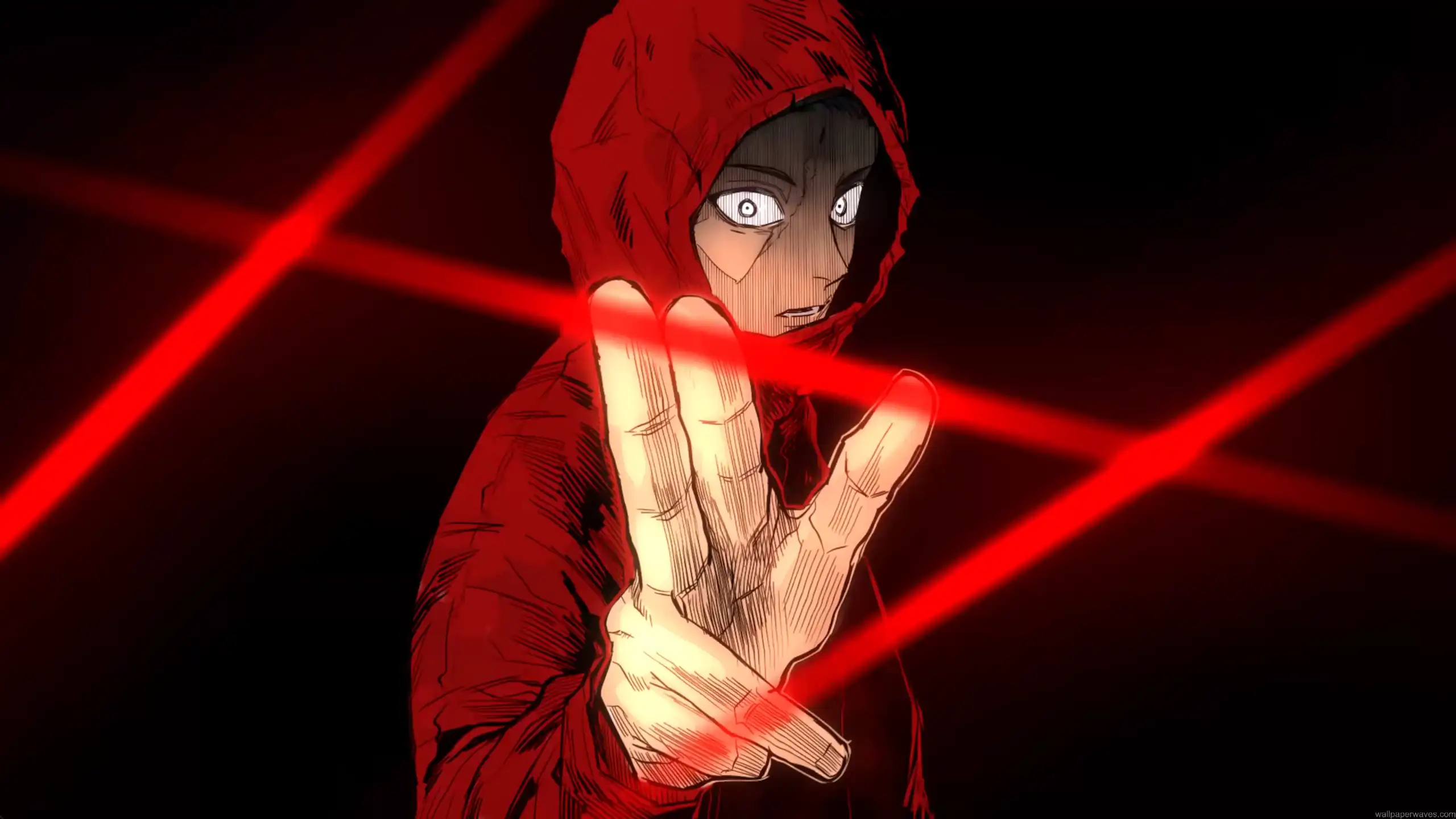 Yuji Itadori from Jujutsu Kaisen with intense stare and glowing red energy beams anime wallpaper