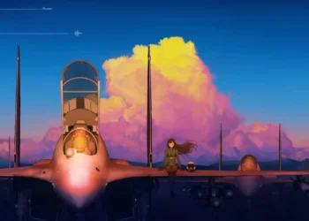 Anime girl sitting beside a modern fighter jet on an airbase during a colorful sunset with towering clouds in Anime Fighter Jet Sunset Live Wallpaper.