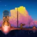 Anime girl sitting beside a modern fighter jet on an airbase during a colorful sunset with towering clouds in Anime Fighter Jet Sunset Live Wallpaper.