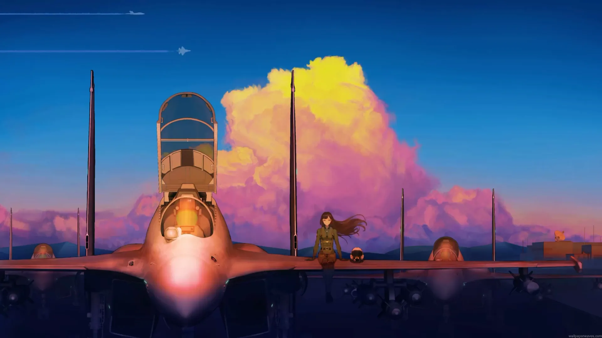 Anime girl sitting beside a modern fighter jet on an airbase during a colorful sunset with towering clouds in Anime Fighter Jet Sunset Live Wallpaper.