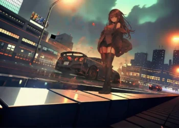 Anime girl standing beside a Nissan GT-R on a neon-lit city street at night in Anime Girl GTR Night Drive Live Wallpaper.