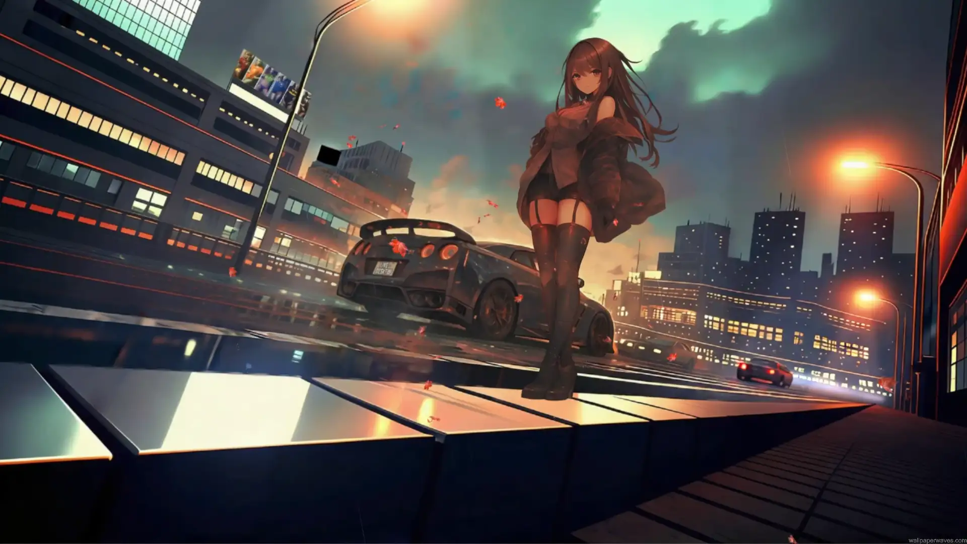 Anime girl standing beside a Nissan GT-R on a neon-lit city street at night in Anime Girl GTR Night Drive Live Wallpaper.