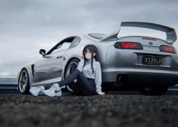 Anime Girl Toyota Supra Live Wallpaper 5 Anime girl sitting beside a silver Toyota Supra sports car on a rainy road with clean JDM styling and atmospheric automotive scenery wallpaper