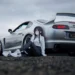 Anime Girl Toyota Supra Live Wallpaper 10 Anime girl sitting beside a silver Toyota Supra sports car on a rainy road with clean JDM styling and atmospheric automotive scenery wallpaper