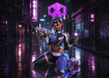 Antifragile Sombra Overwatch Live Wallpaper 1 Sombra Antifragile skin in a neon cyberpunk alley, purple holographic energy, rainy futuristic city street, glowing reflections, Overwatch hacker aesthetic wallpaper