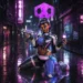 Sombra Antifragile skin in a neon cyberpunk alley, purple holographic energy, rainy futuristic city street, glowing reflections, Overwatch hacker aesthetic wallpaper