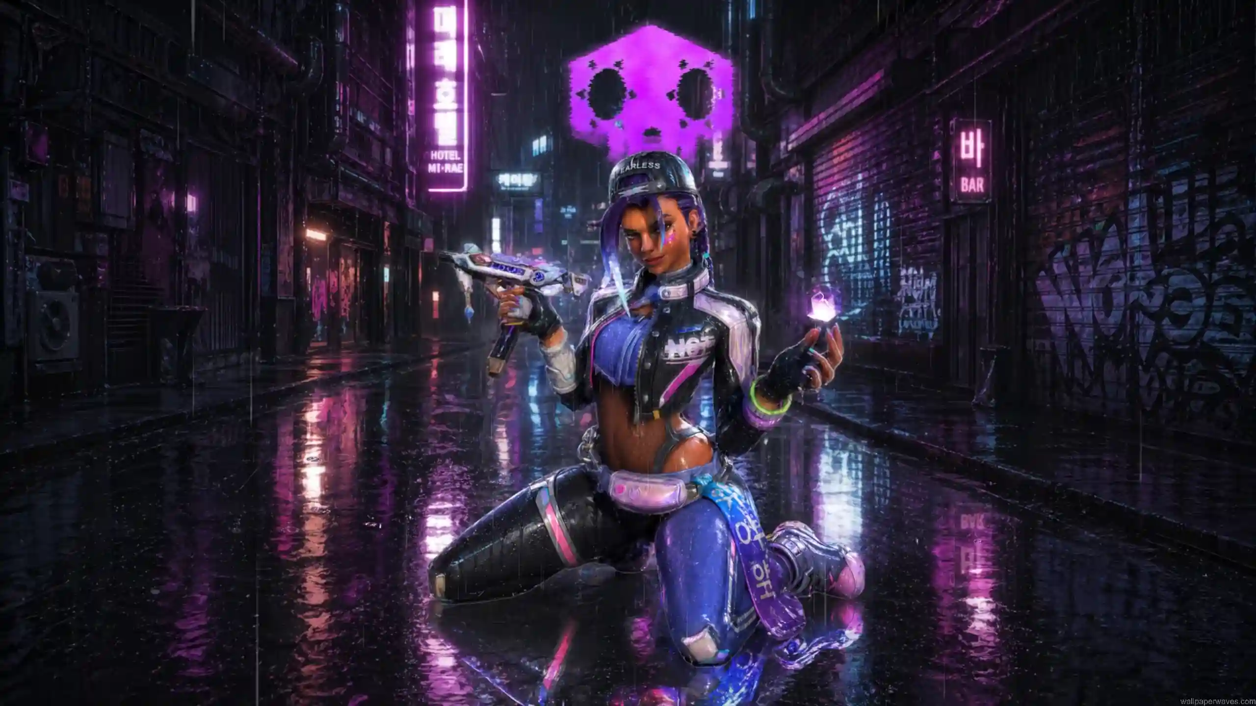 Sombra Antifragile skin in a neon cyberpunk alley, purple holographic energy, rainy futuristic city street, glowing reflections, Overwatch hacker aesthetic wallpaper