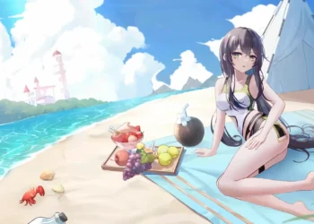 Asuna relaxing on a sunny beach beside tropical fruits and crystal-clear ocean waters in Asuna Summer Beach Live Wallpaper.