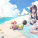 Asuna relaxing on a sunny beach beside tropical fruits and crystal-clear ocean waters in Asuna Summer Beach Live Wallpaper.