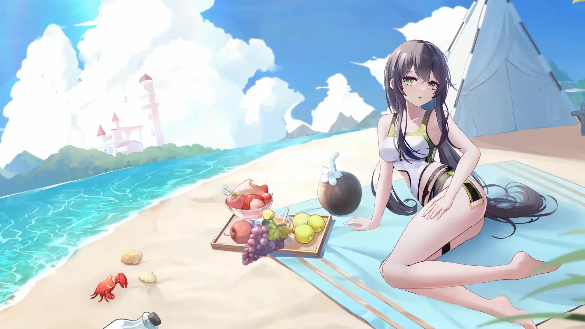 Asuna relaxing on a sunny beach beside tropical fruits and crystal-clear ocean waters in Asuna Summer Beach Live Wallpaper.