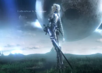 Bianca Abystigma standing beneath a giant moon in futuristic armor during rainfall in Bianca Abystigma Lunar Guardian Live Wallpaper.