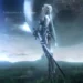 Bianca Abystigma standing beneath a giant moon in futuristic armor during rainfall in Bianca Abystigma Lunar Guardian Live Wallpaper.