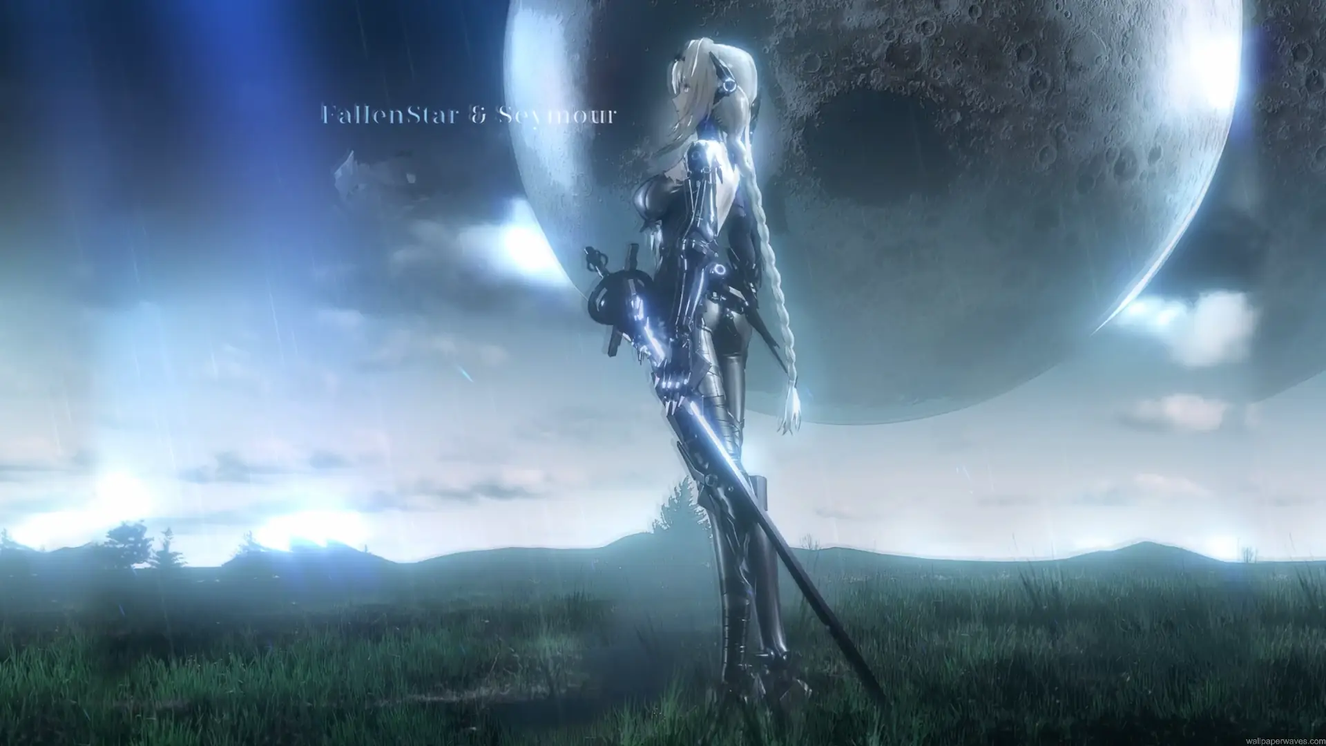 Bianca Abystigma standing beneath a giant moon in futuristic armor during rainfall in Bianca Abystigma Lunar Guardian Live Wallpaper.