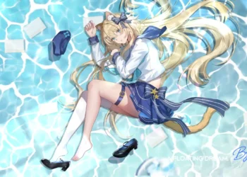Bythere Floating Dream anime girl floating in water, blonde cat girl sailor outfit, dreamy aquatic fantasy scene, relaxing anime aesthetic wallpaper, blue water reflection artwork