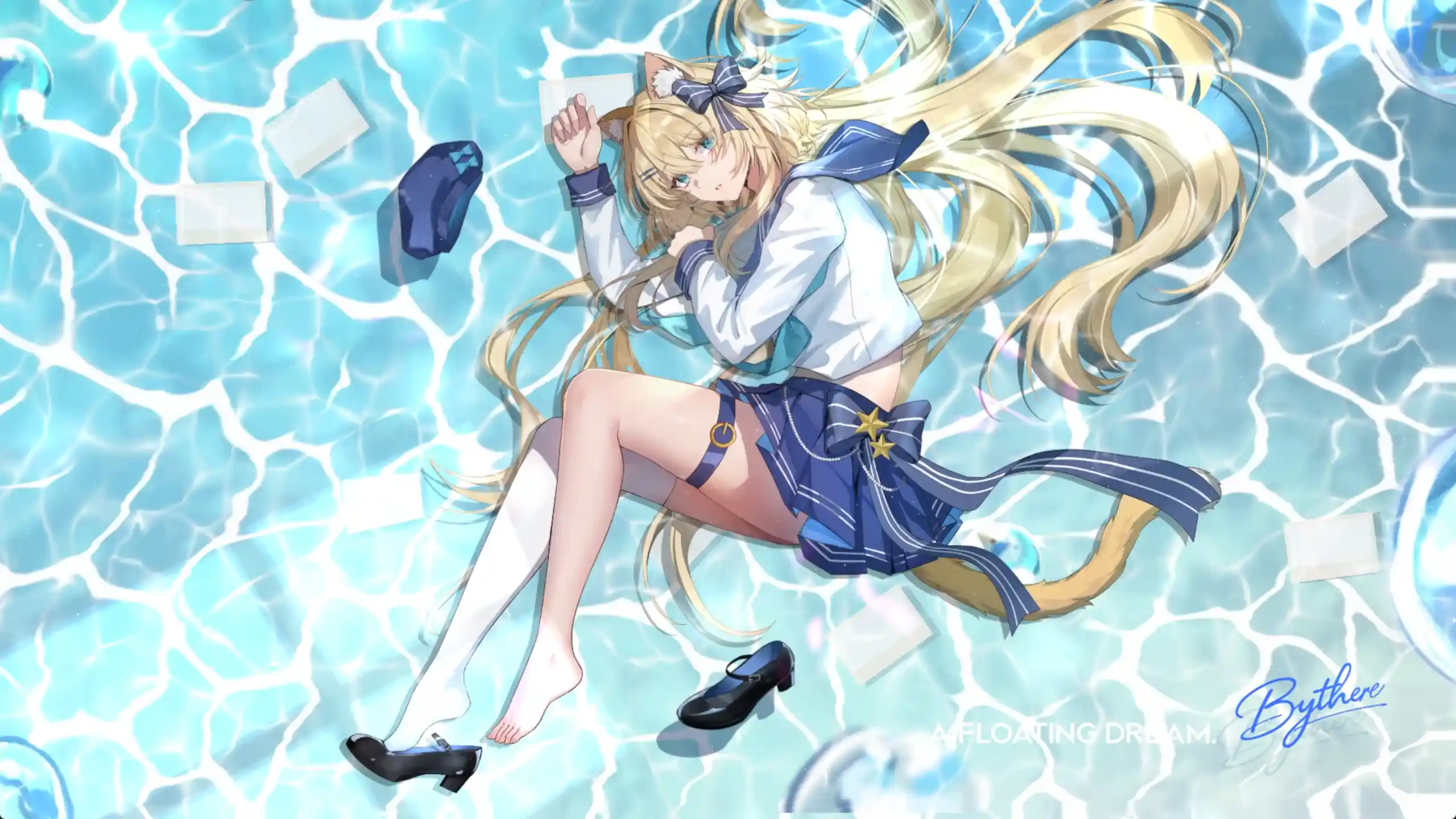 Bythere Floating Dream anime girl floating in water, blonde cat girl sailor outfit, dreamy aquatic fantasy scene, relaxing anime aesthetic wallpaper, blue water reflection artwork