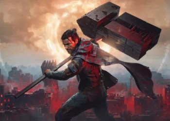 A warrior carrying the massive Resonant hammer overlooking a ruined city beneath a glowing celestial rift in Control Resonant Live Wallpaper.