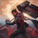 A warrior carrying the massive Resonant hammer overlooking a ruined city beneath a glowing celestial rift in Control Resonant Live Wallpaper.