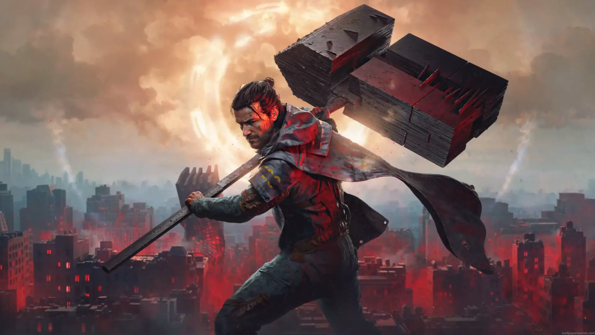 A warrior carrying the massive Resonant hammer overlooking a ruined city beneath a glowing celestial rift in Control Resonant Live Wallpaper.