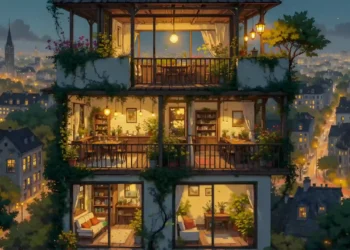 Cozy Rooftop City Apartment Live Wallpaper 1 Cozy multi-level rooftop apartment filled with plants and warm lights overlooking a beautiful nighttime city skyline aesthetic wallpaper