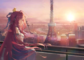 Erii Uesugi Dragon Raja Tokyo Tower Live Wallpaper 3 Erii Uesugi overlooking Tokyo Tower at sunset with flowing red hair, glowing city skyline, warm golden light, and beautiful Dragon Raja anime scenery wallpaper