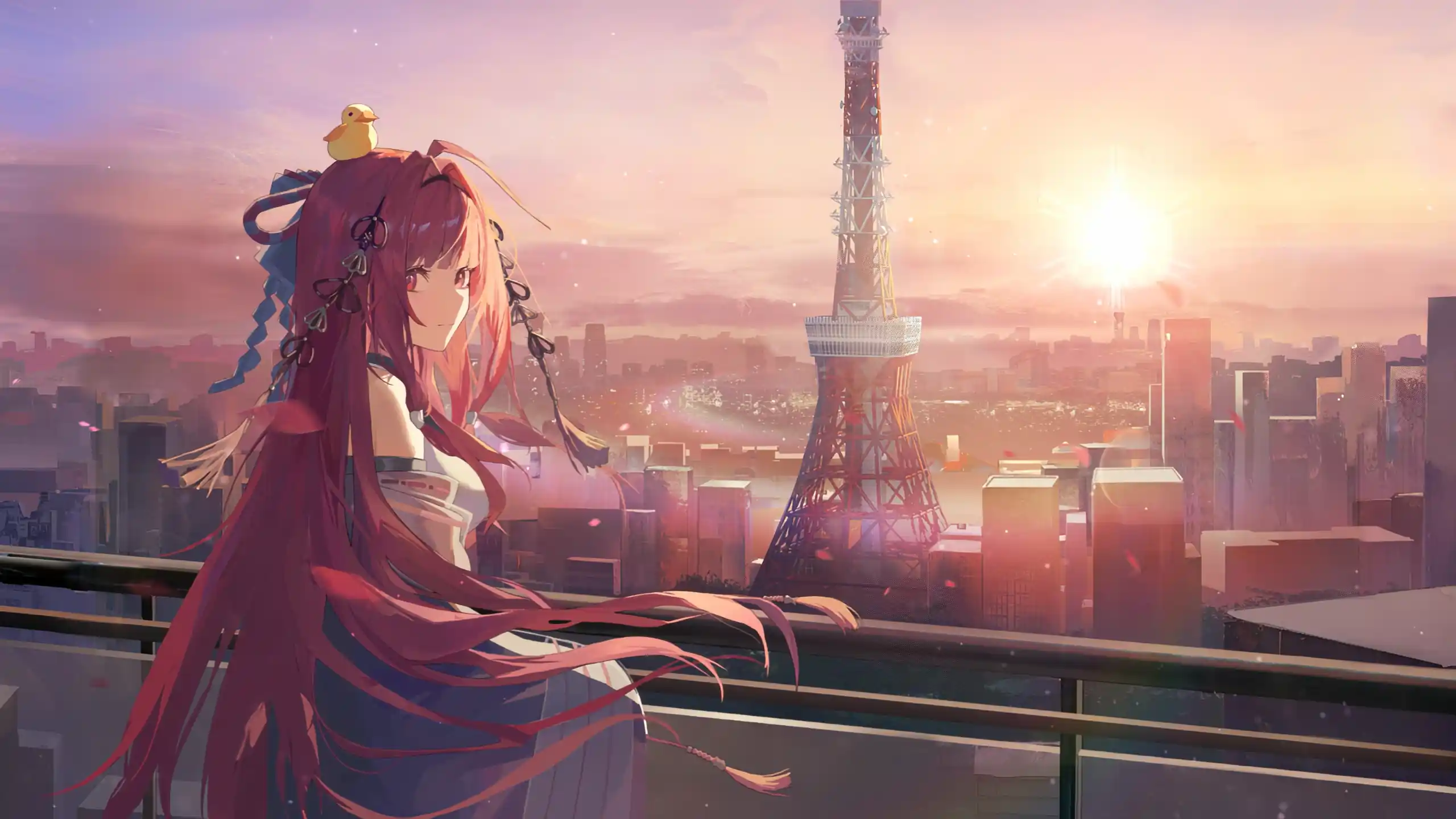 Erii Uesugi overlooking Tokyo Tower at sunset with flowing red hair, glowing city skyline, warm golden light, and beautiful Dragon Raja anime scenery wallpaper