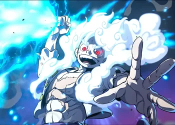 Gear 5 Luffy divine awakening with white cloud hair, glowing red eyes, blue lightning energy, powerful One Piece transformation, anime action wallpaper